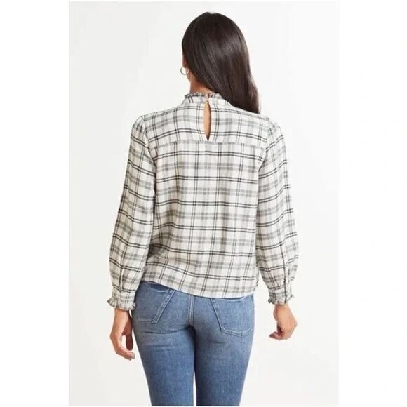 Rails Women's Plaid Ruffle Neck Blouse Ivory Onyx Size M Long Sleeve - Picture 5 of 8